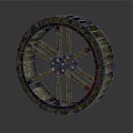 Antique Wooden Waterwheel With Metal Components Worn Spokes Gear Like Edges And Gray Background