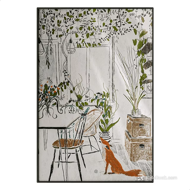 Abstract Painting with Indoor Scene Featuring Table Chair Plants Fox And Wooden Boxes 3d model 