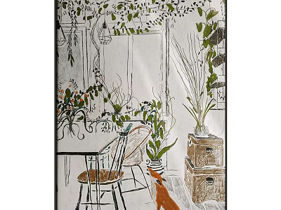 Abstract Painting with Indoor Scene Featuring Table Chair Plants Fox And Wooden Boxes 3d model