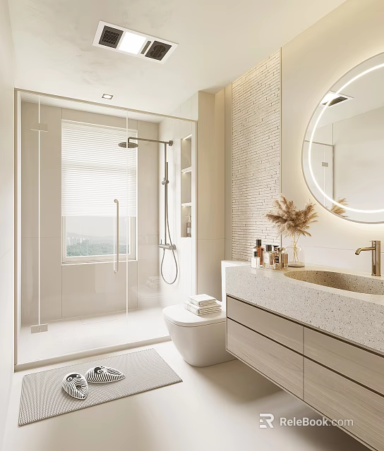 Modern Bathroom Interior With Glass Shower Round Mirror And Vanity 3d model 