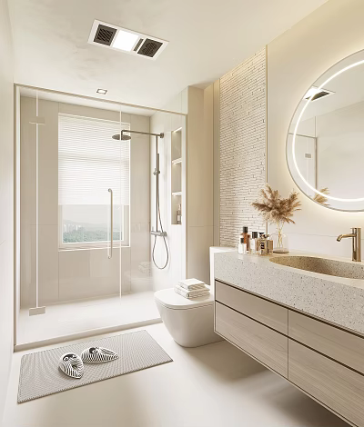 Modern Bathroom Interior With Glass Shower Round Mirror And Vanity 3d model