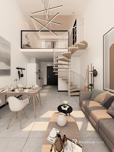 Modern Apartment Interior Design With Open Layout Spiral Staircase Living Room Dining Area And Kitchen 3d model 