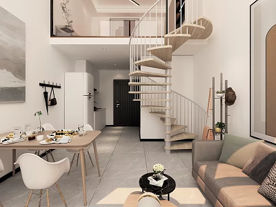 Modern Apartment Interior Design With Open Layout Spiral Staircase Living Room Dining Area And Kitchen 3d model
