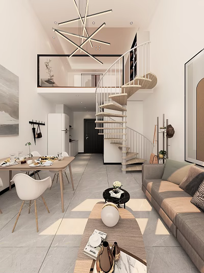 Modern Apartment Interior Design With Open Layout Spiral Staircase Living Room Dining Area And Kitchen 3d model