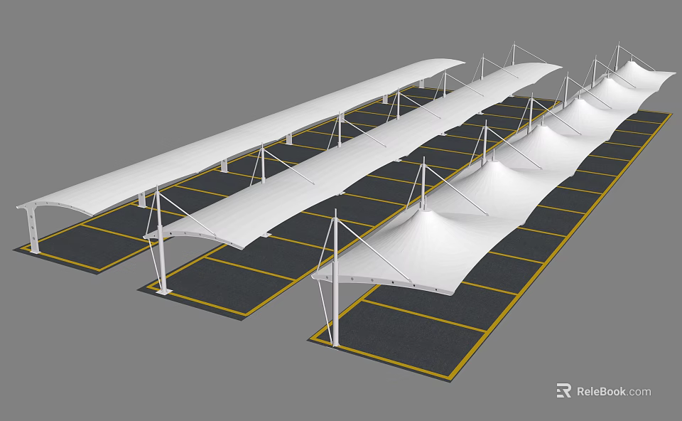 White Shade Canopies Covering Parking Spaces With Yellow Lines In Parking Lot 3d model 