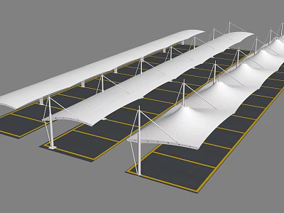 White Shade Canopies Covering Parking Spaces With Yellow Lines In Parking Lot 3d model