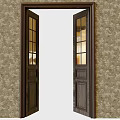 Wooden Hinged Door With Classic Design Glass Panes Against Floral Wallpaper Open In Interior Space