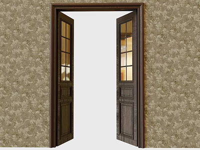 Wooden Hinged Door With Classic Design Glass Panes Against Floral Wallpaper Open In Interior Space 3d model