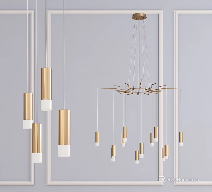 Contemporary Gold Chandelier Design Featuring Multiple Hanging Cylindrical Elements For Interior Decor 3d model