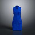 Stylish Blue Sleeveless Collared Dress With Multiple Front Pockets And Neat Design