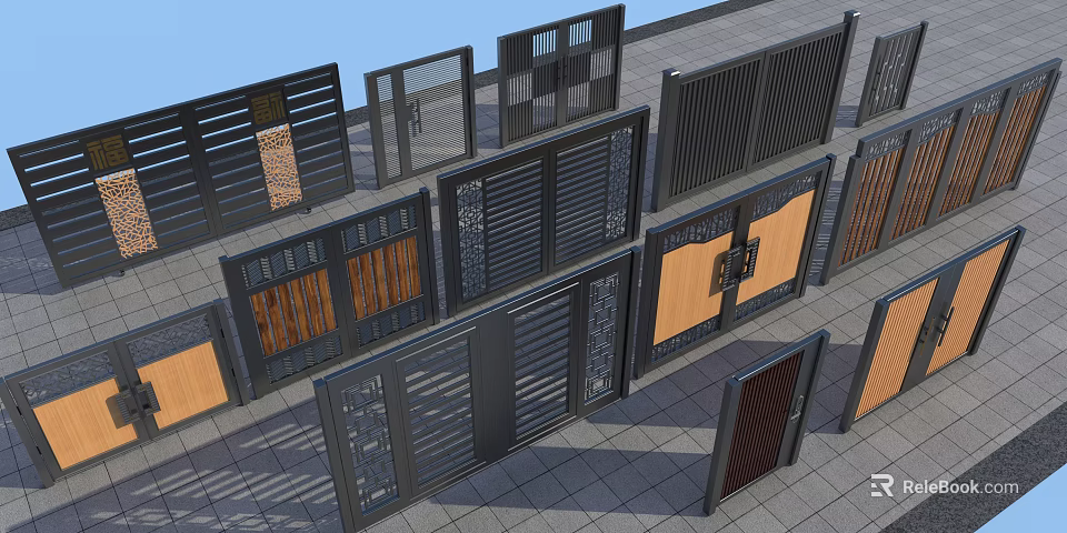 Various Stylish Gates With Metal Frames Wooden Panels And Lattice Designs 3d model 