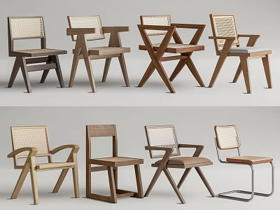 Modern Dining Chairs Featuring Wooden Frames Woven Seats And Various Design Styles 3d model