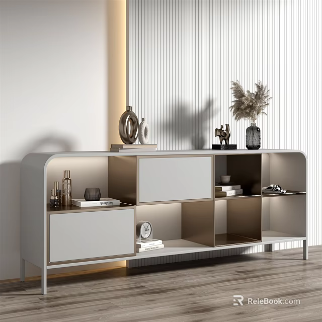 Modern Light Gray Decorative Cabinet Featuring Open Shelves Closed Drawers And Dried Plants 3d model 