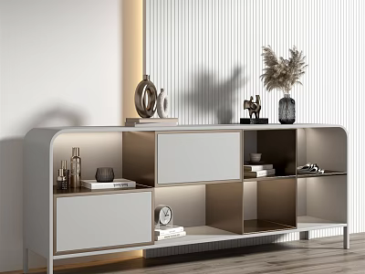 Modern Light Gray Decorative Cabinet Featuring Open Shelves Closed Drawers And Dried Plants 3d model