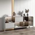 Modern Light Gray Decorative Cabinet Featuring Open Shelves Closed Drawers And Dried Plants