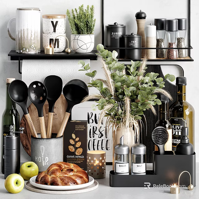 Stylish Tableware Set With Black Spoons Coffee Accessories Bread And Greenery In Kitchen 3d model