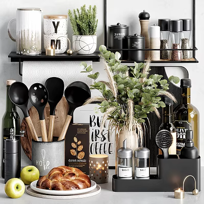 Stylish Tableware Set With Black Spoons Coffee Accessories Bread And Greenery In Kitchen 3d model