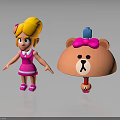 Blonde Girl Wearing Pink Dress and Shoes with Cartoon Bear Pink Bow and Blue Top