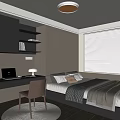 Modern Tatami Bedroom Interior With Desk Bookshelf Window Blinds And Cozy Lighting