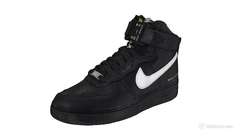 Black High Top Leather Shoes with White Swoosh Logo Velcro Strap and Rubber Sole 3d model 