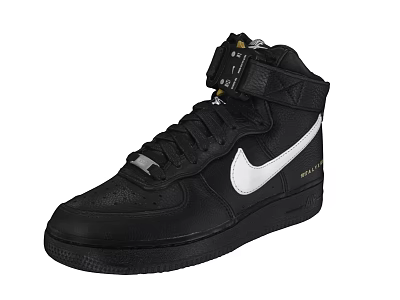 Black High Top Leather Shoes with White Swoosh Logo Velcro Strap and Rubber Sole 3d model