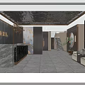 Elegant Chinese Storefront Reception With Marble Desk Black Counter Mirrored Ceiling Chandelier And Potted Plant
