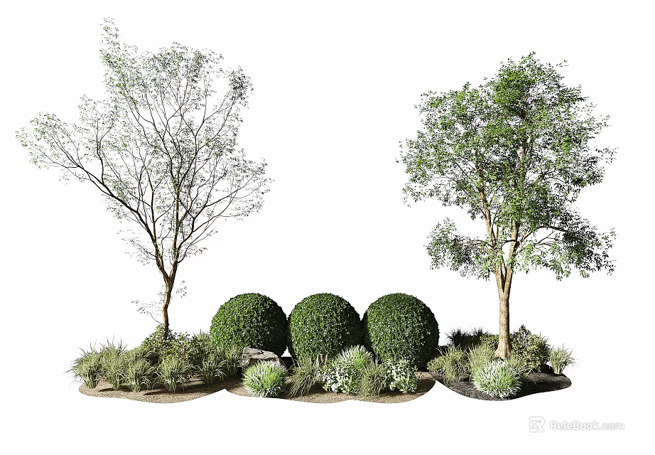 Garden Landscape Featuring Two Arbors Round Shrubs And Surrounding Greenery 3d model 