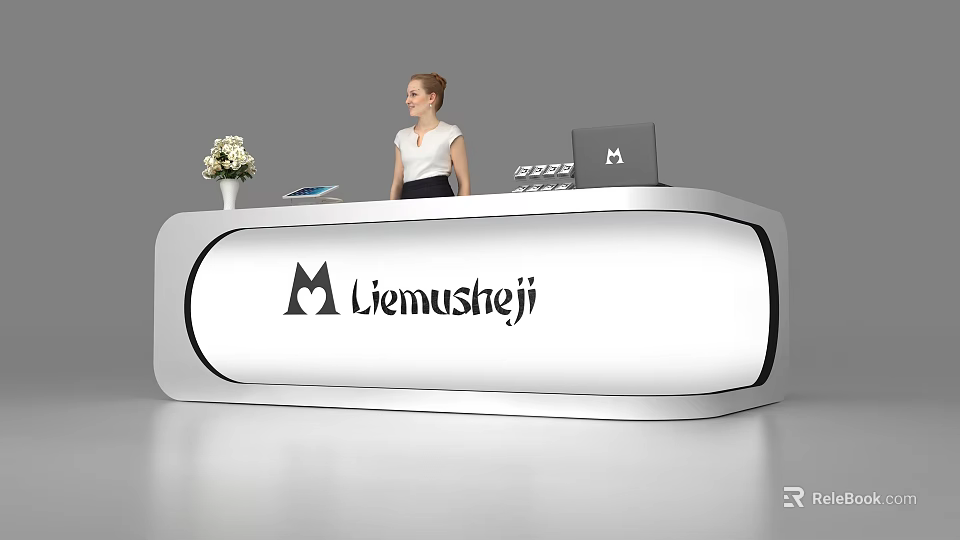 Modern Reception Desk With Liemusheji Logo Female Receptionist Flower Tablet And Laptop 3d model 