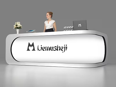 Modern Reception Desk With Liemusheji Logo Female Receptionist Flower Tablet And Laptop 3d model
