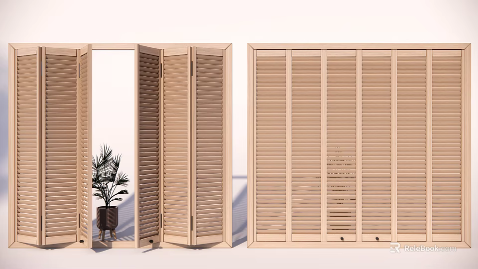 Wooden Window Shutters Open And Closed In Light Wood Indoor Scene With Potted Plant 3d model 