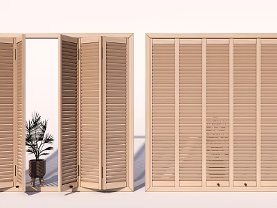Wooden Window Shutters Open And Closed In Light Wood Indoor Scene With Potted Plant 3d model