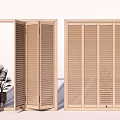 Wooden Window Shutters Open And Closed In Light Wood Indoor Scene With Potted Plant