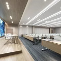 Modern Conference Room With Rows Of Desks Chairs Large Screen Windows And Ceiling Lighting