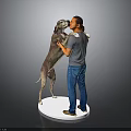 Man With Large Dog Standing And Hugging Its Front Legs On White Platform Gray Background