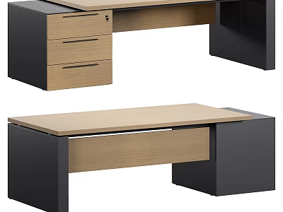 Modern Office Desk With Wooden Top Black Frame And Storage Drawers 3d model