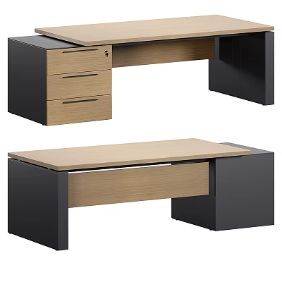 Modern Office Desk With Wooden Top Black Frame And Storage Drawers 3d model