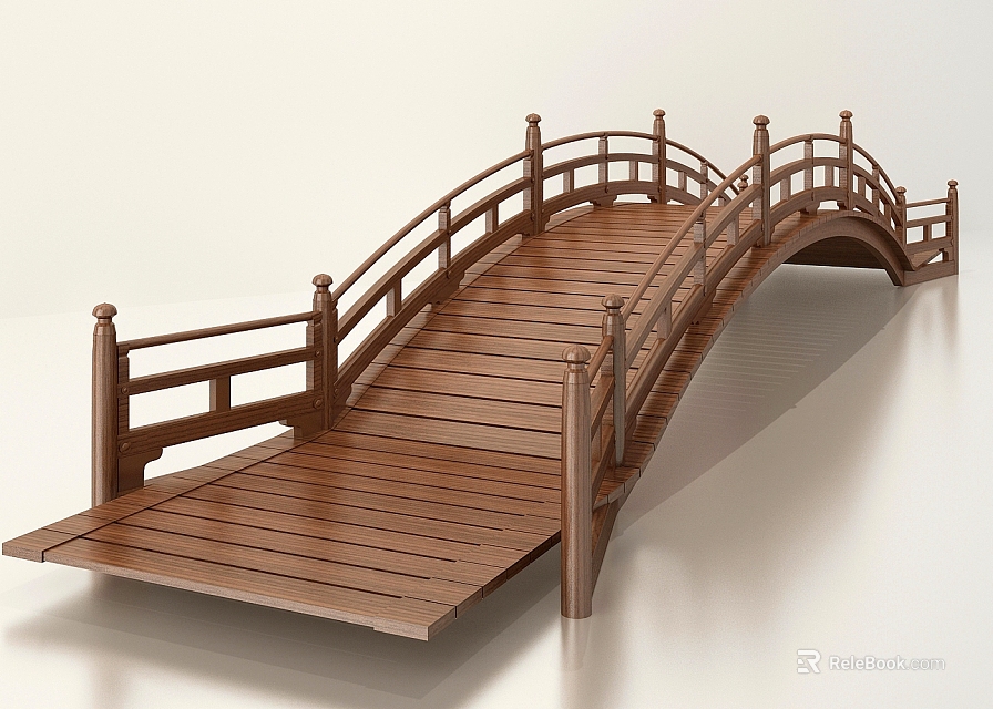 Traditional Wooden Arched Bridge With Ornate Railings And Classical Plank Design Structure 3d model 