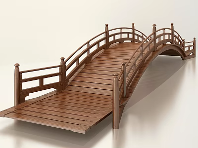 Traditional Wooden Arched Bridge With Ornate Railings And Classical Plank Design Structure 3d model