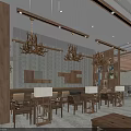 Rustic Restaurant Interior With Wooden Tables Chairs And Hanging Chandeliers