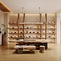 Warm Wooden Living Room Interior With TV Wall Hanging Lights And Arched Doorways