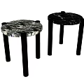 Two Round Stools Featuring Marble Texture and Black Slender Legs Design 3d model