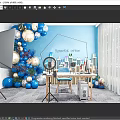 Public Office Space With Blue Balloons Christmas Tree Special Offer Sign Desk Computer And Microphone