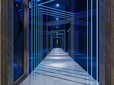 Modern Elevator Corridor Design With Blue LED Lights Marble Floor And Mirrors 3d model