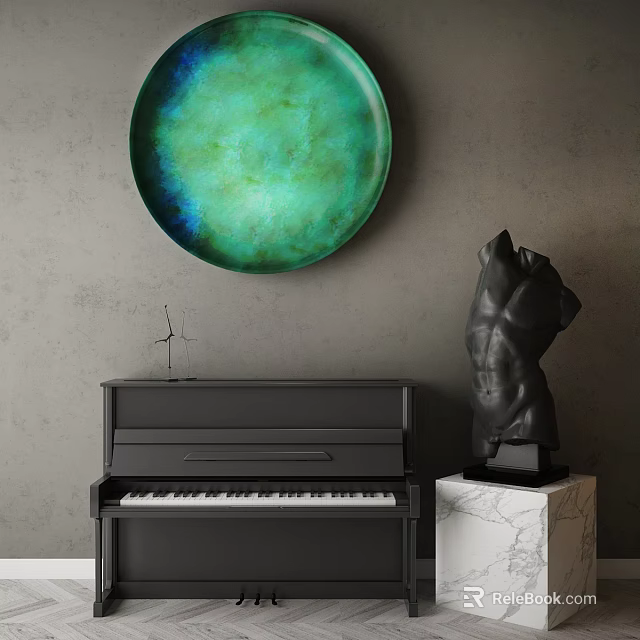 Green Circular Artwork And Black Piano In Modern Room With Marble Base Sculpture 3d model 