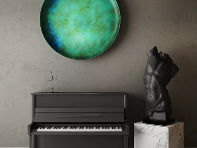 Green Circular Artwork And Black Piano In Modern Room With Marble Base Sculpture 3d model