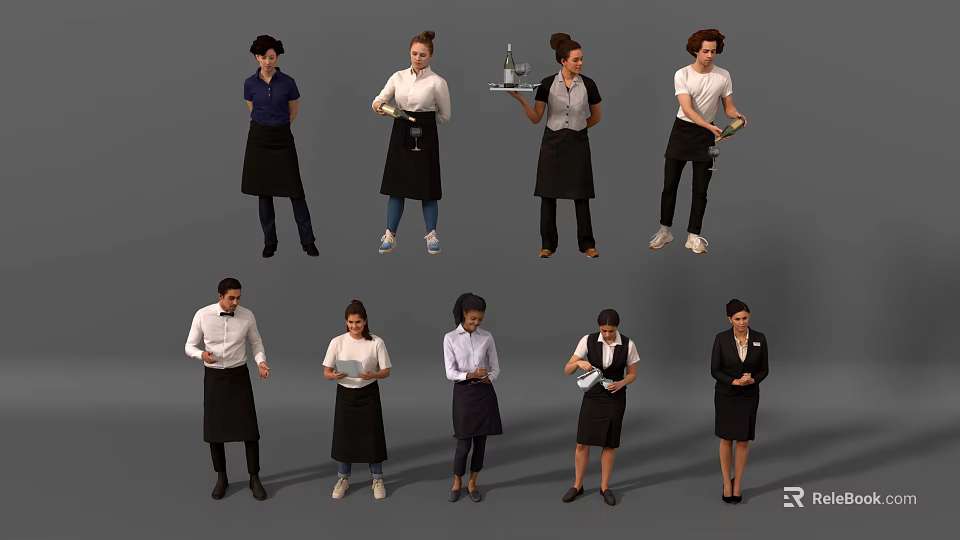 Multiple Service Staff Members With Uniforms Aprons Trays And Menus In Different Poses 3d model 