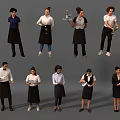 Multiple Service Staff Members With Uniforms Aprons Trays And Menus In Different Poses
