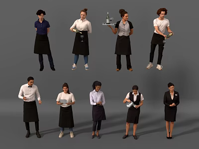 Multiple Service Staff Members With Uniforms Aprons Trays And Menus In Different Poses 3d model