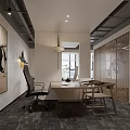 Modern Office Interior With Open Layout Wooden Furniture Pendant Lights And Rattan Partitions