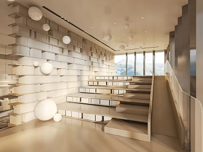 Modern Hotel Lobby Interior Design With Staircase Circular Pendant Lights And Large Windows 3d model